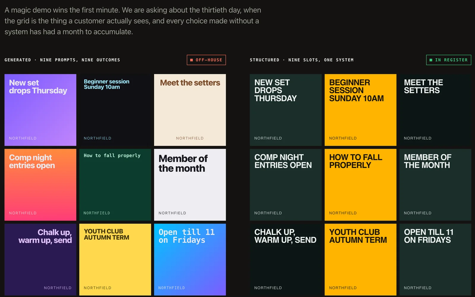 The same nine posts from brandrail.app: decided one by one on the left, resolved through one design system on the right (a synthetic demonstration brand).